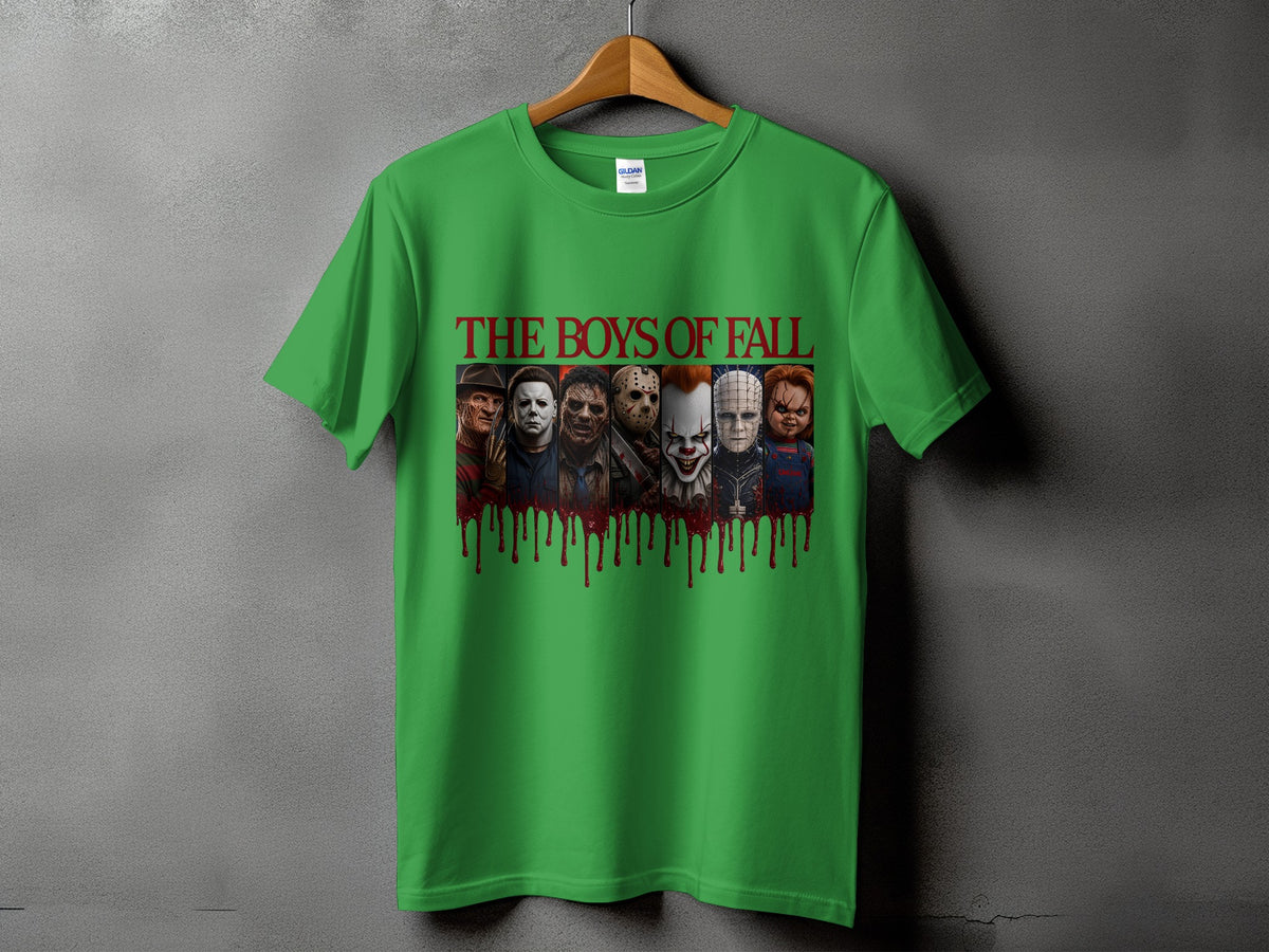 Green t-shirt with "The Boys of Fall" text and horror movie characters.