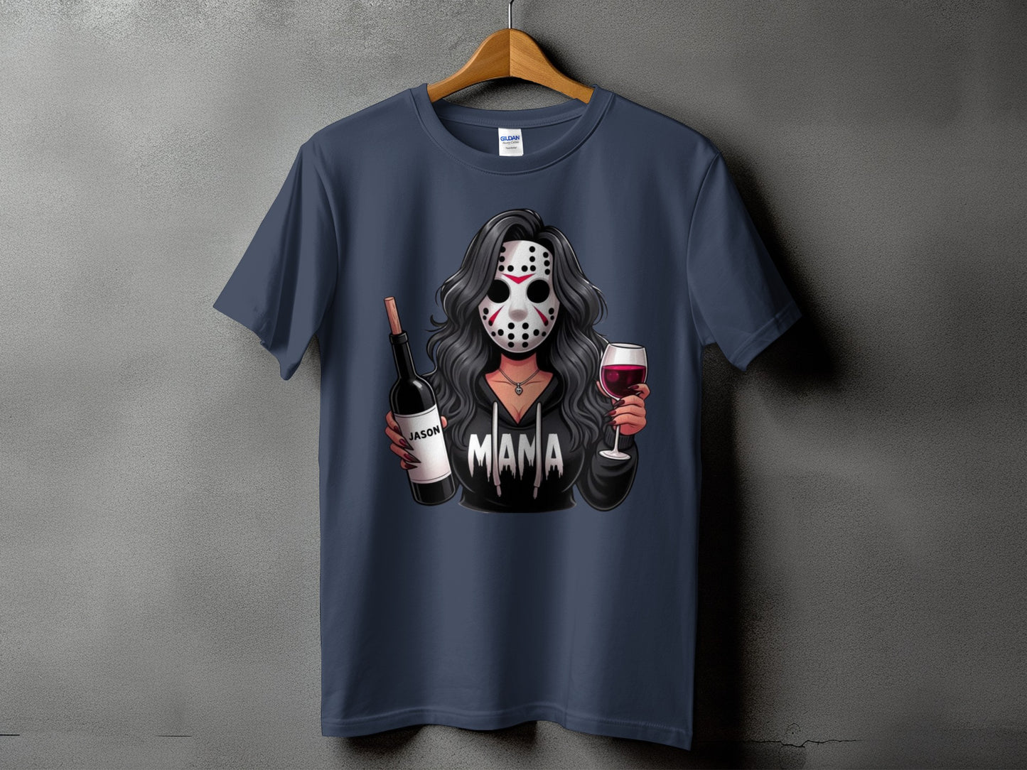 Illustration of woman in Jason mask holding wine bottle and glass, text "MAMA".