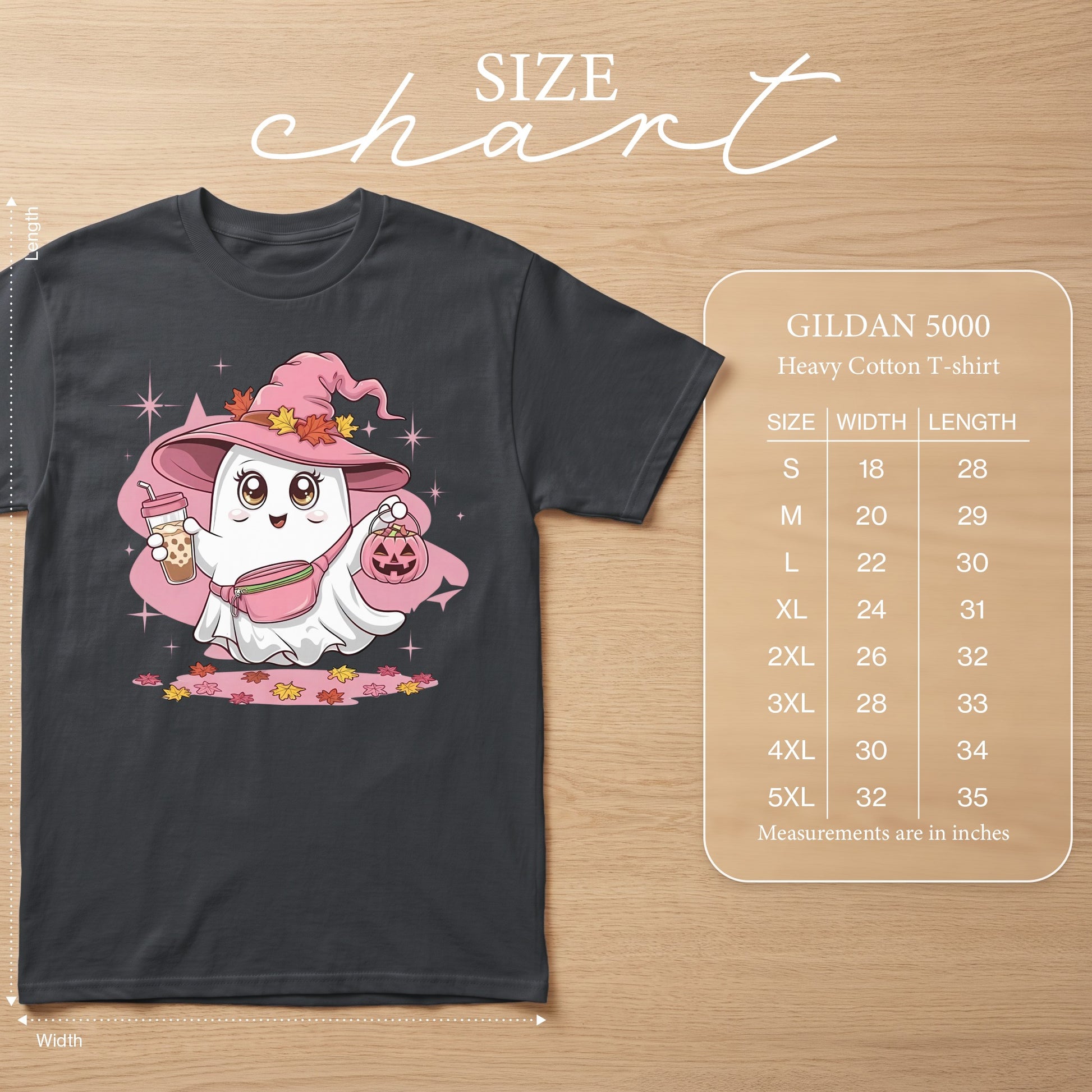 Gildan 5000 Heavy Cotton T-shirt size chart with ghost graphic.