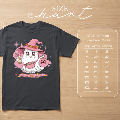 Gildan 5000 Heavy Cotton T-shirt size chart with ghost graphic.
