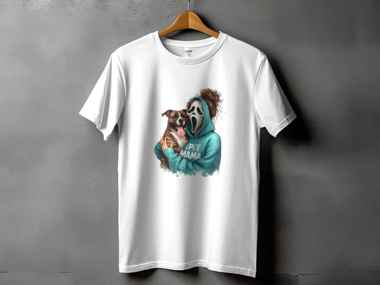 White t-shirt with graphic of person in ghost mask holding pit bull, "Pit Mama" text.