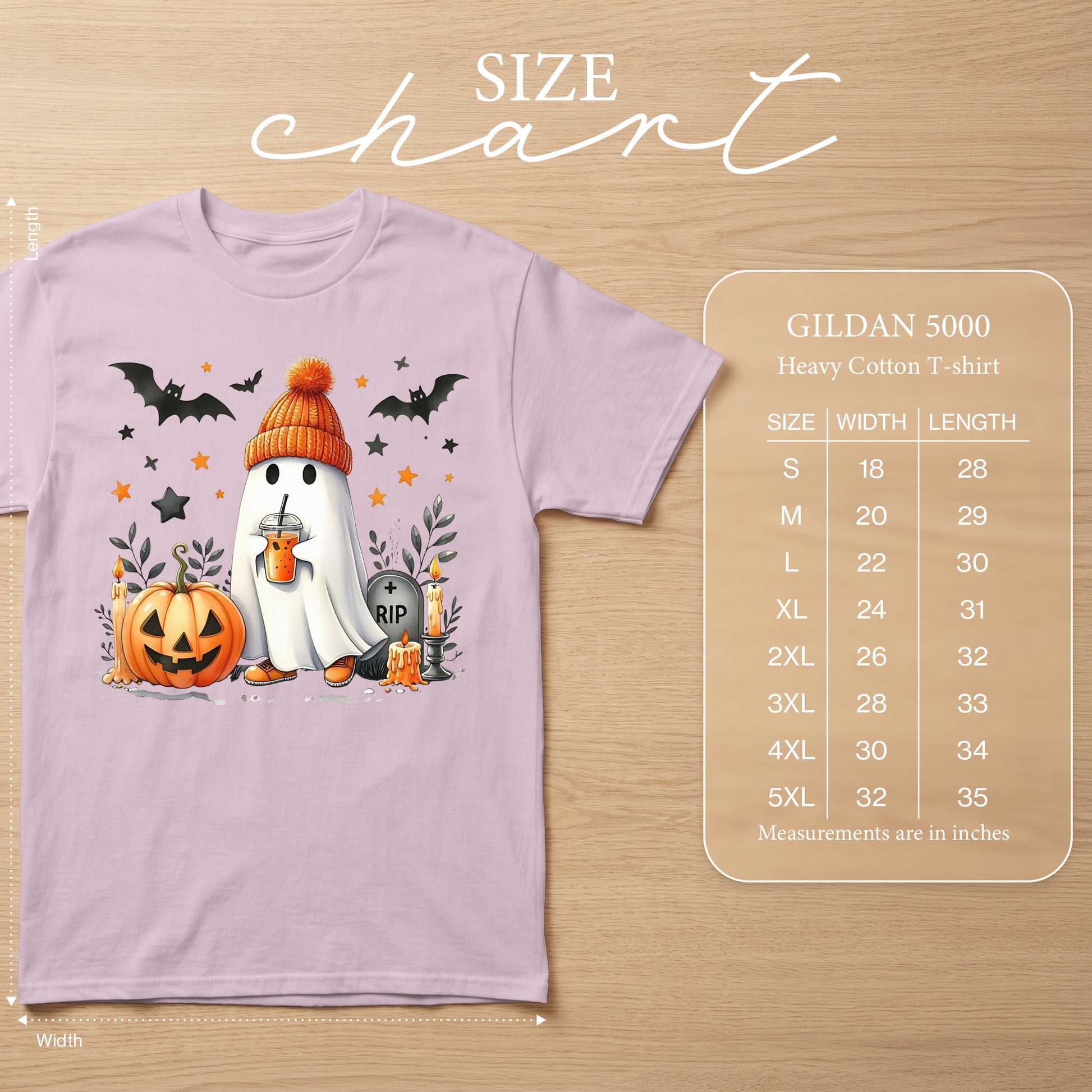 Halloween ghost with pumpkin and bats graphic on a Gildan 5000 size chart.