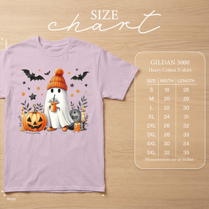 Halloween ghost with pumpkin and bats graphic on a Gildan 5000 size chart.