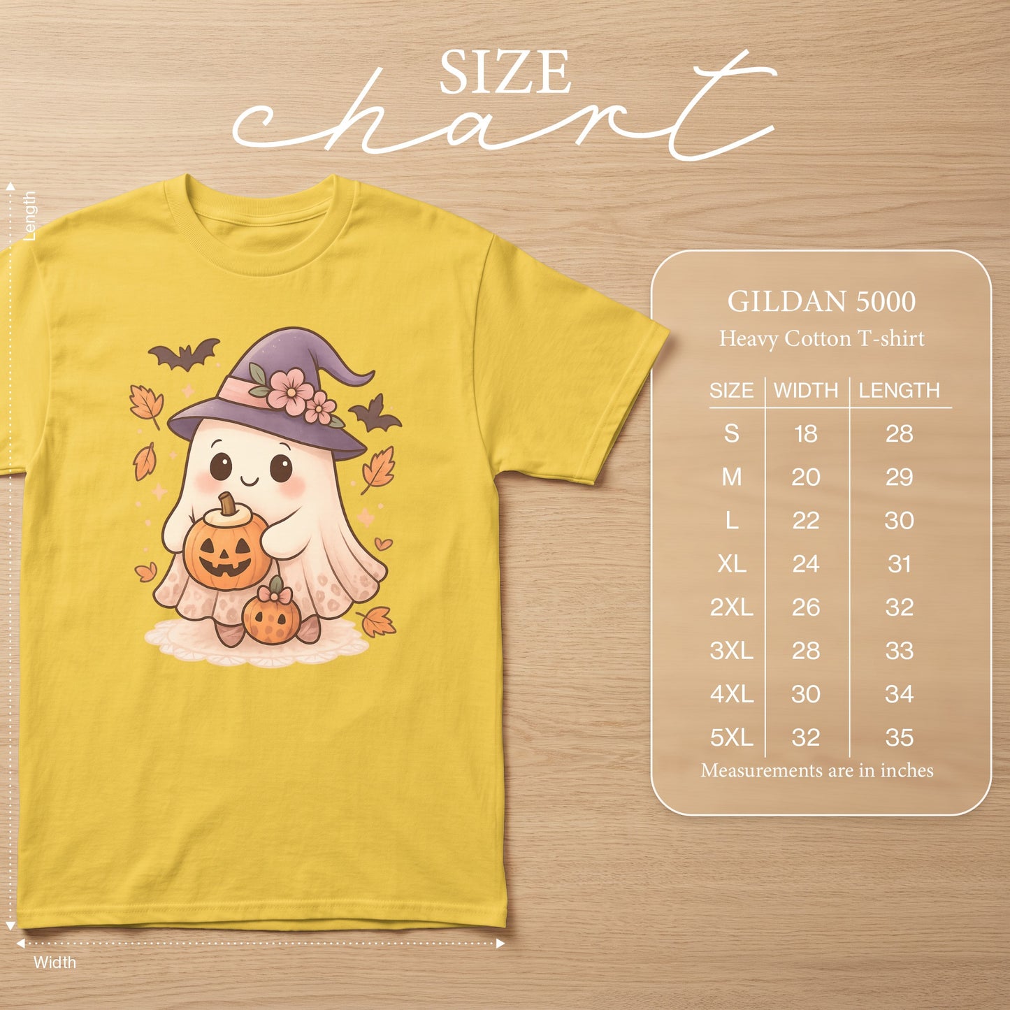 Yellow t-shirt with ghost graphic, pumpkin, bats, and Gildan 5000 size chart.