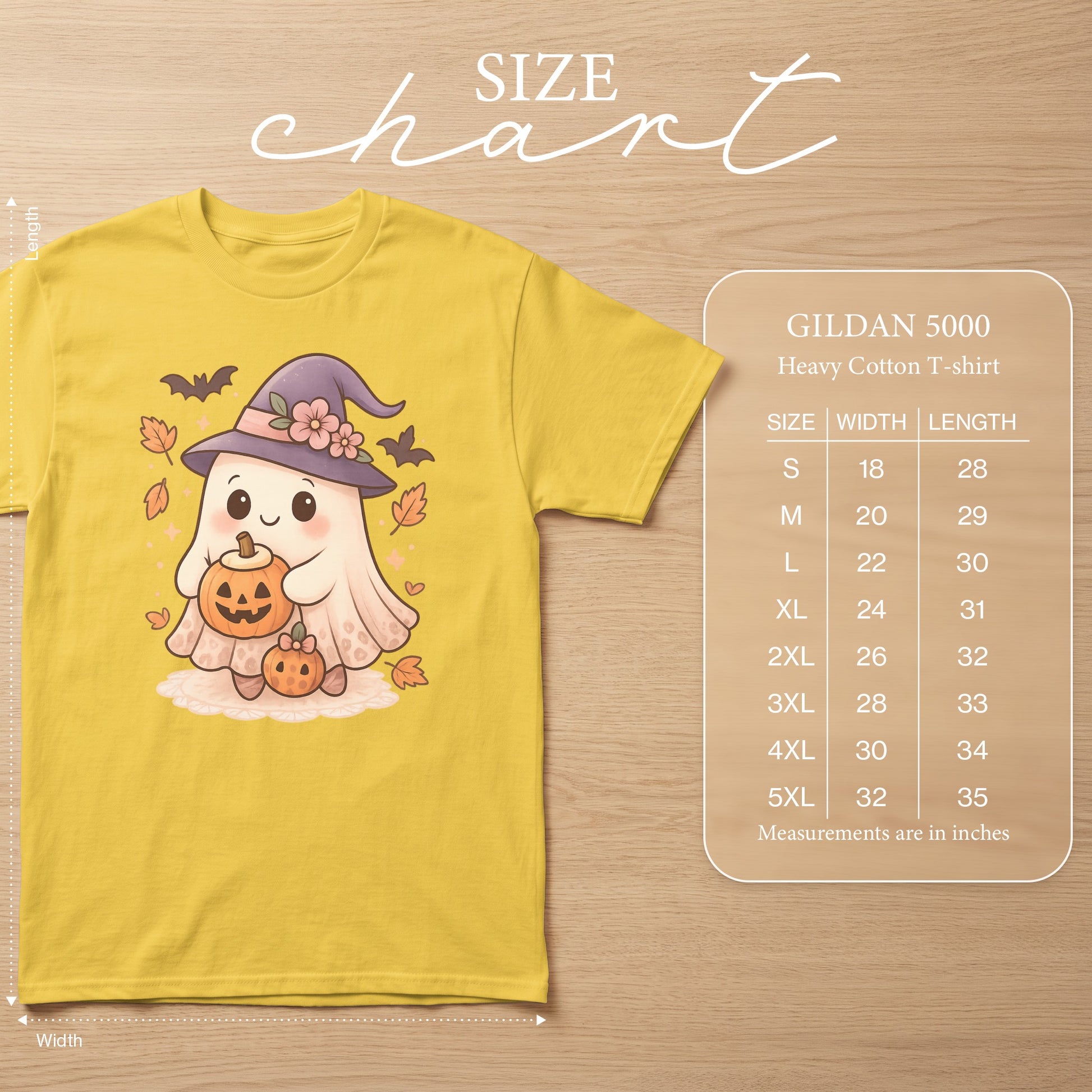 Yellow t-shirt with ghost graphic, pumpkin, bats, and Gildan 5000 size chart.