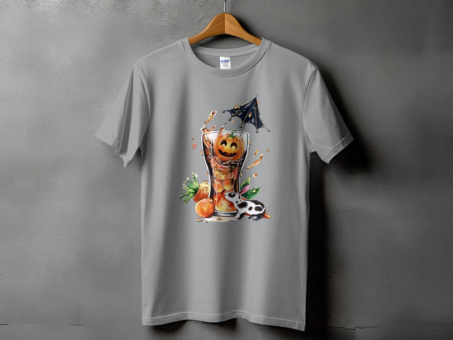Gray t-shirt with a Halloween drink featuring a jack-o'-lantern, a black and white bunny, and an umbrella.