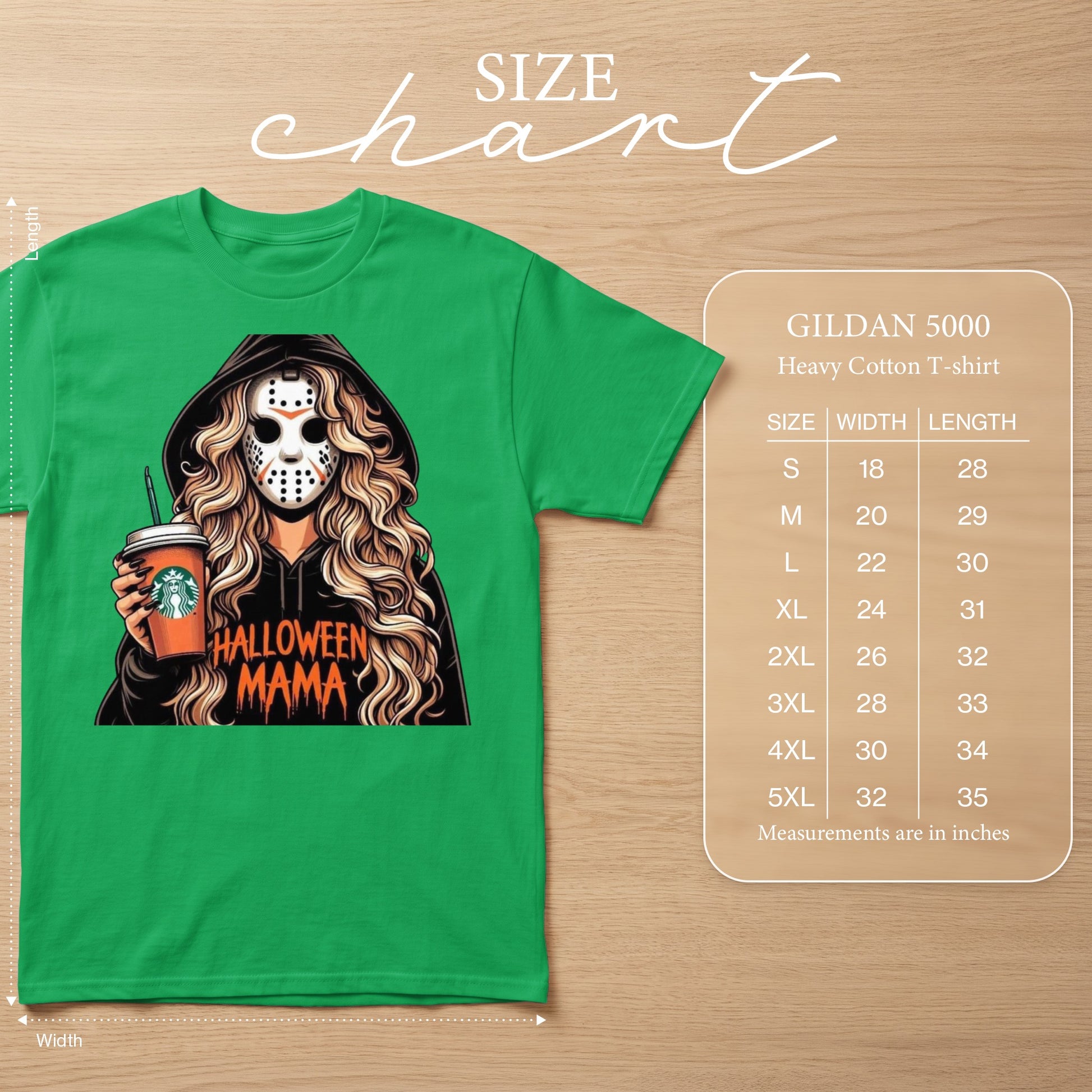 Green t-shirt with Halloween Mama graphic and Gildan 5000 size chart.