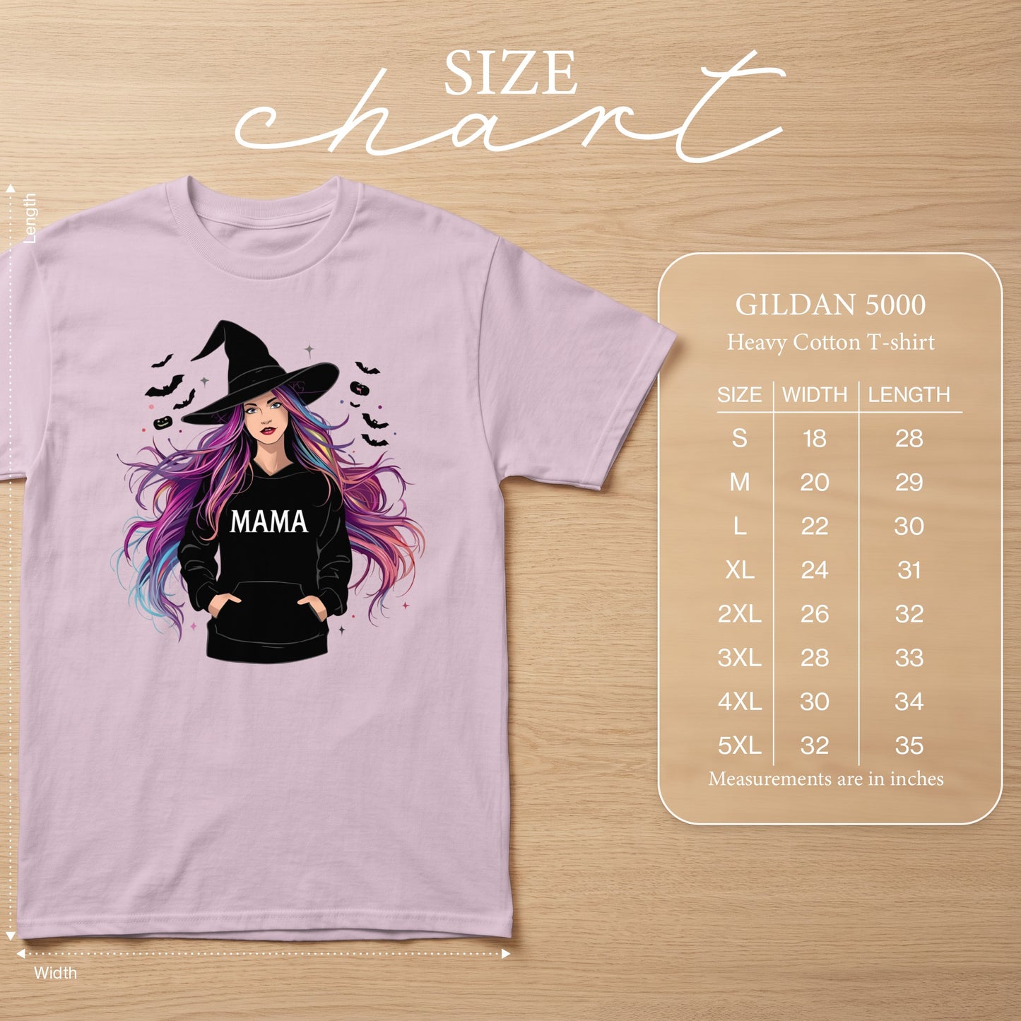 Pink t-shirt with witch graphic and "MAMA" text, with Gildan 5000 size chart.