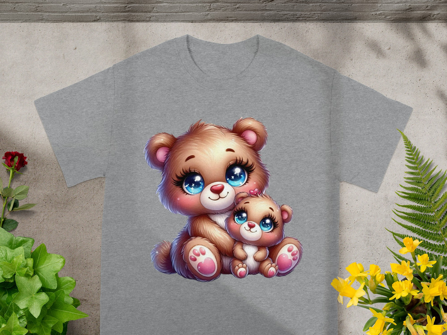 Two cartoon teddy bears, one large and one small, sitting together.