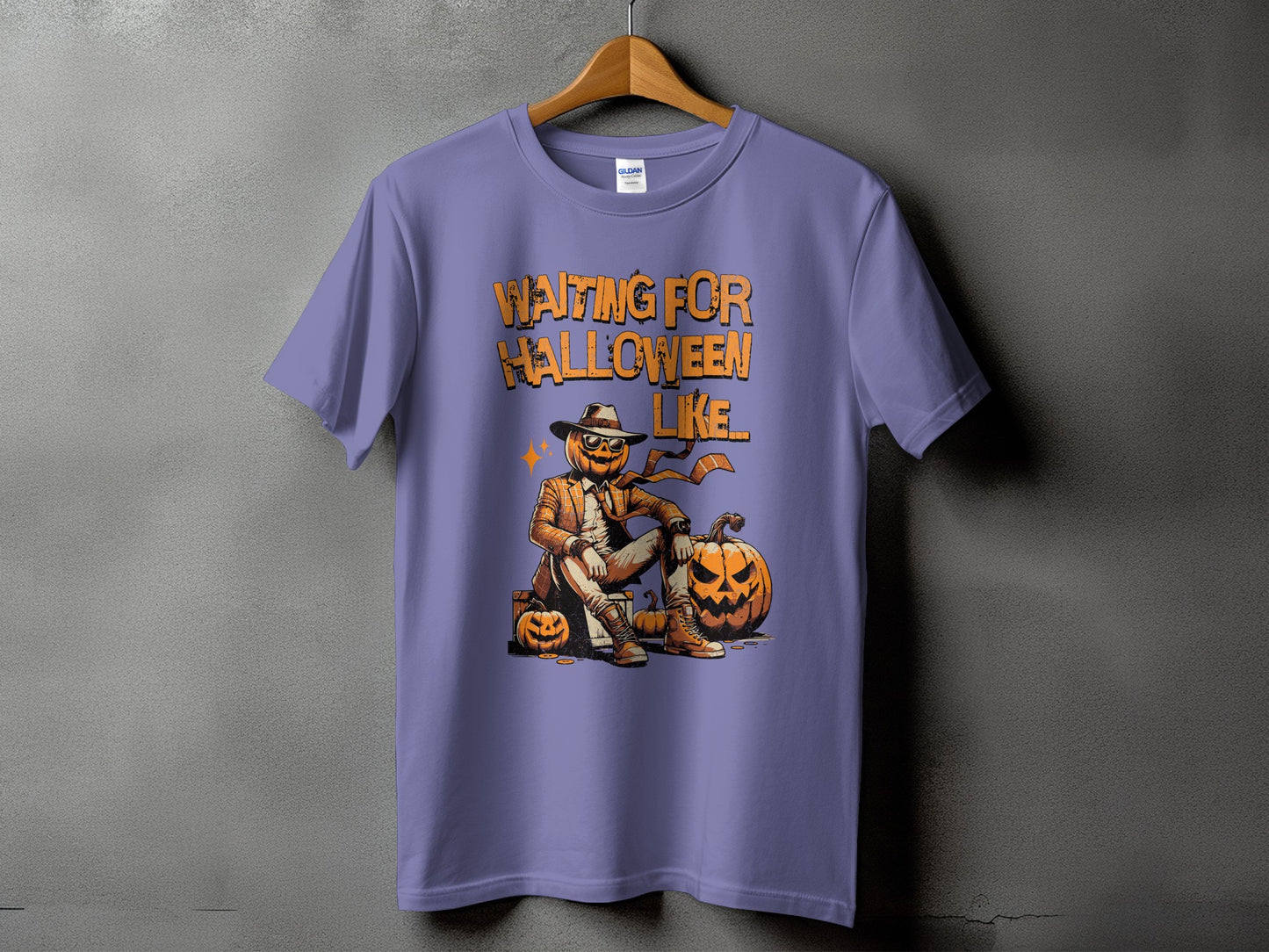 Pumpkin character with text "Waiting for Halloween Like".