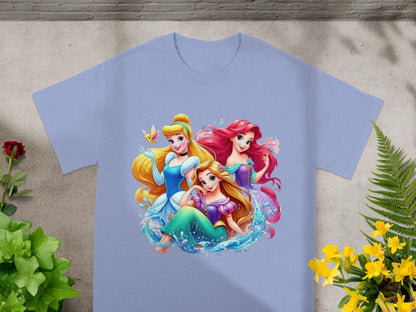 T-shirt featuring Disney princesses Ariel, Cinderella, and Rapunzel in a watercolor style.