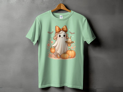 Ghost wearing orange bow and holding Halloween treats with pumpkins and bats.