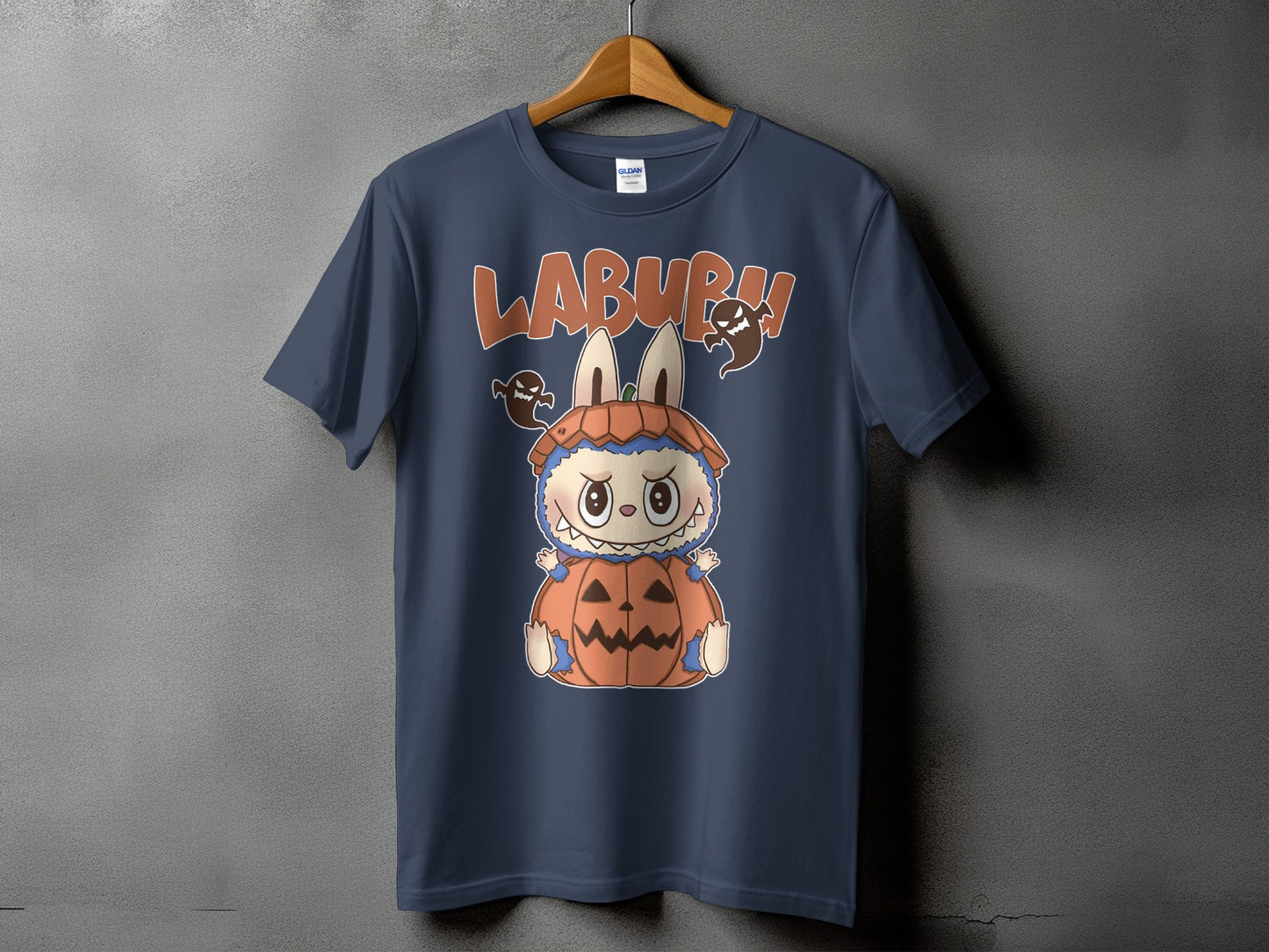 Dark blue t-shirt with "LABURR!" text and a cartoon character in a pumpkin costume.