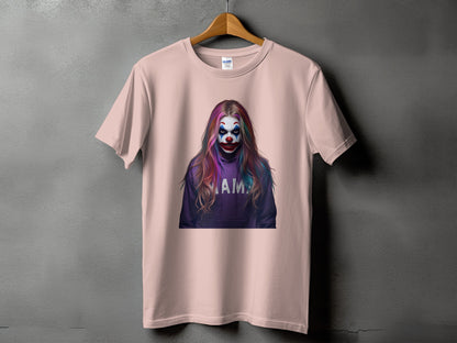 Pink t-shirt with a graphic of a clown with colorful hair and the word "MAMA".