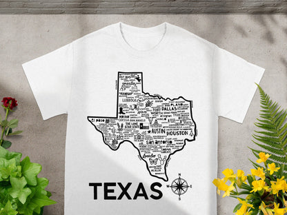 Texas Map Design T-Shirt with Compass Direction Print