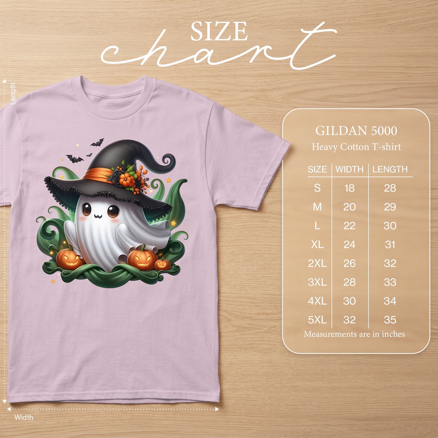 Ghost wearing witch hat with pumpkins, Gildan 5000 size chart in inches.