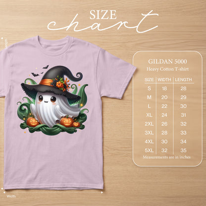 Ghost wearing witch hat with pumpkins, Gildan 5000 size chart in inches.