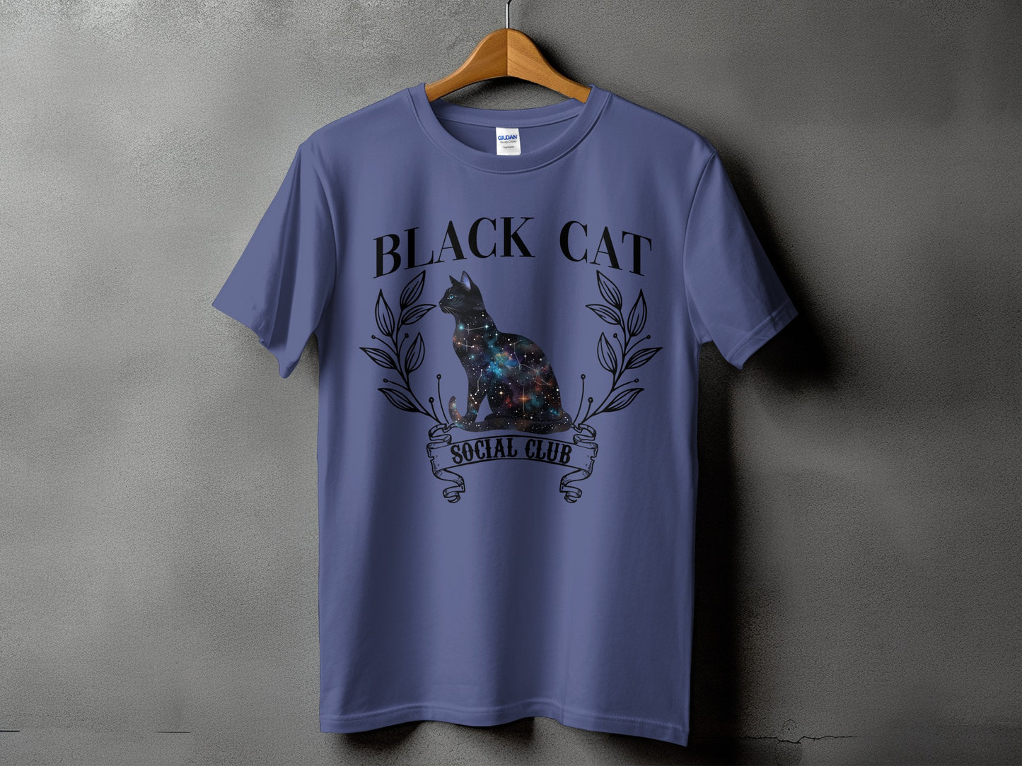 Purple t-shirt with "BLACK CAT SOCIAL CLUB" text and a galaxy cat design.