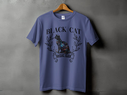 Purple t-shirt with "BLACK CAT SOCIAL CLUB" text and a galaxy cat design.