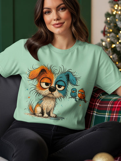Cartoon dog with two birds sits on a light teal t-shirt.