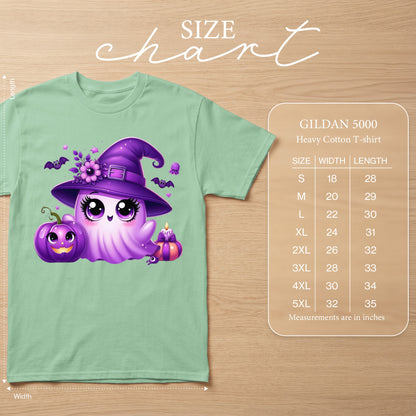 Mint green t-shirt with purple witch ghost and pumpkin graphic. Size chart included.