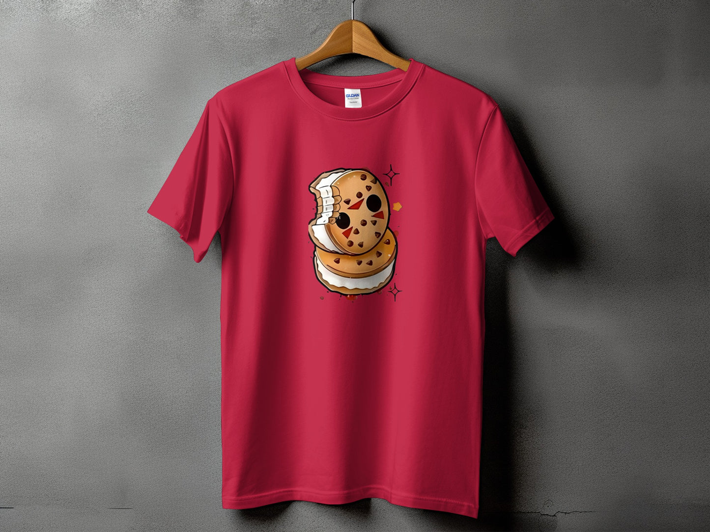 Red t-shirt with a cartoon ice cream sandwich graphic featuring a mask.
