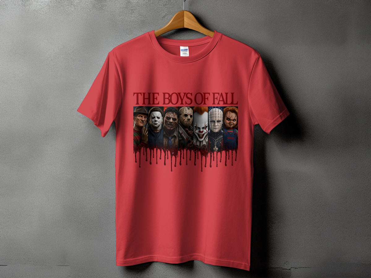 Red t-shirt featuring horror movie villains and "The Boys of Fall" text.