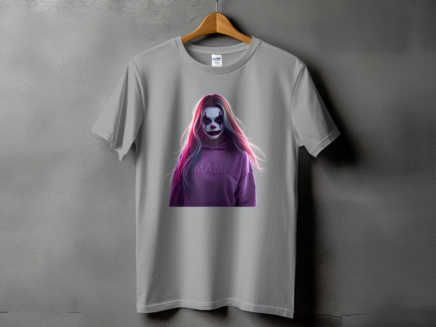 Gray t-shirt with a graphic of a person in clown makeup and a purple hoodie with "MAMA" text.