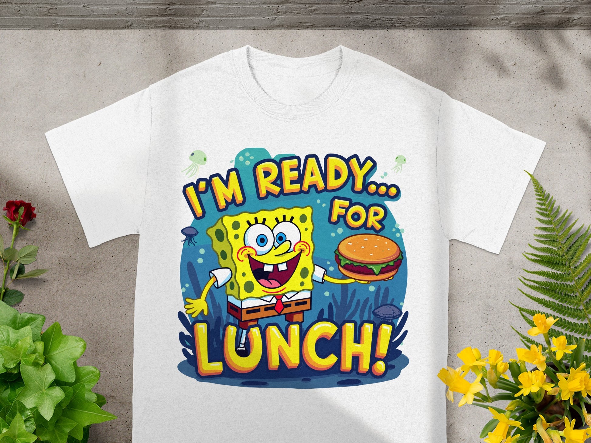 White t-shirt with Spongebob Squarepants holding a burger and text "I'm Ready for Lunch".