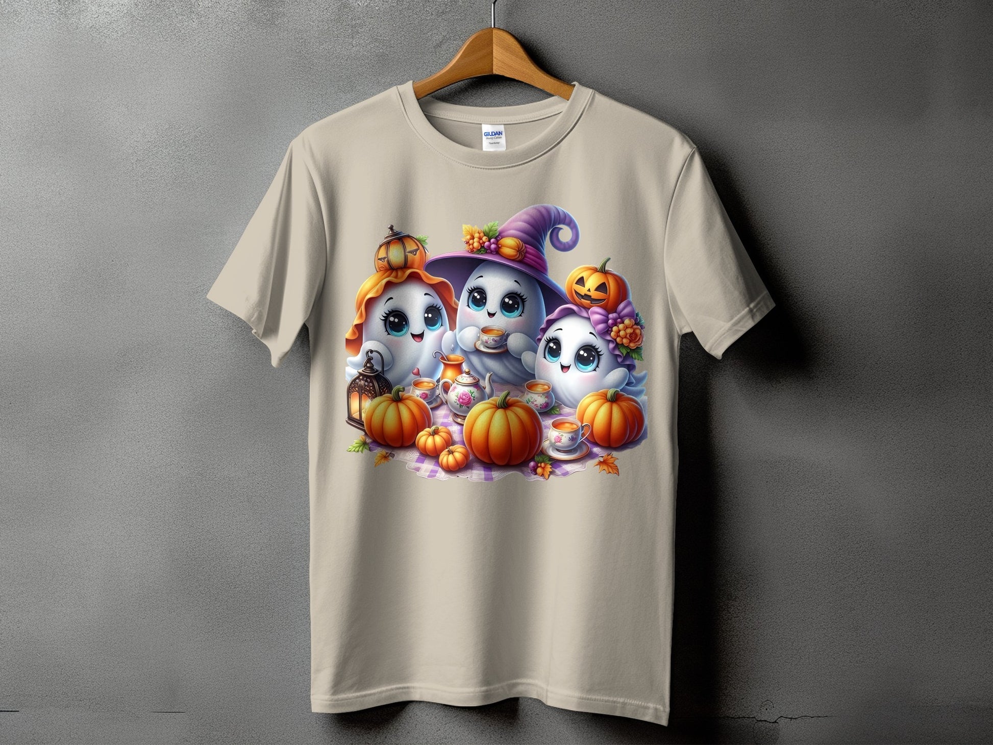 Three cute ghosts enjoy tea with pumpkins, a lantern, and a witch hat.