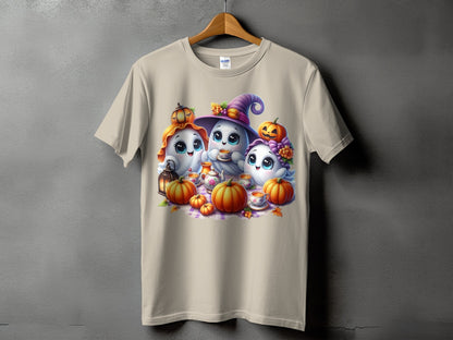 Three cute ghosts enjoy tea with pumpkins, a lantern, and a witch hat.