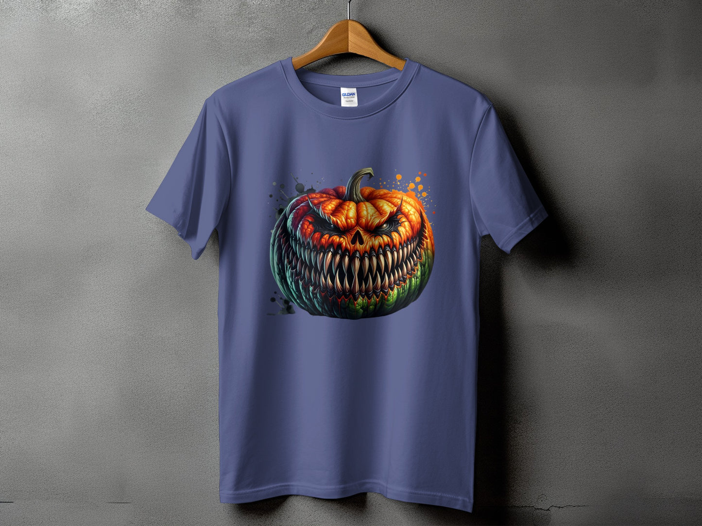 Purple t-shirt with a fierce, sharp-toothed jack-o'-lantern graphic and splatter details.