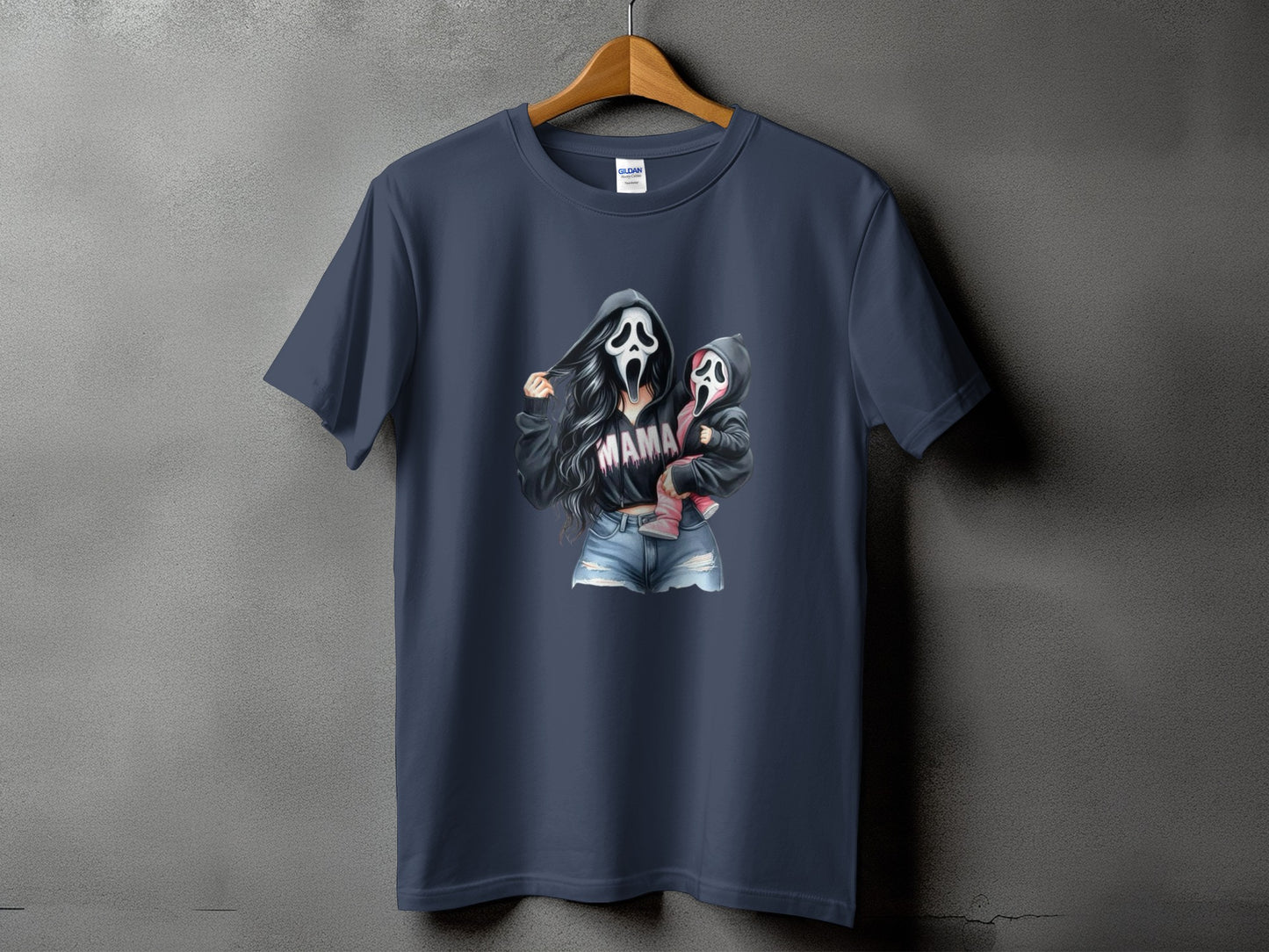Dark blue t-shirt with graphic of woman and child in ghost masks, text reads "MAMA".