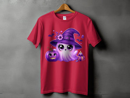 Red t-shirt with a Halloween ghost wearing a purple witch hat and holding a pumpkin.