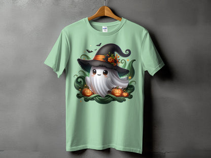 Light green t-shirt with a Halloween ghost wearing a witch hat and pumpkins.