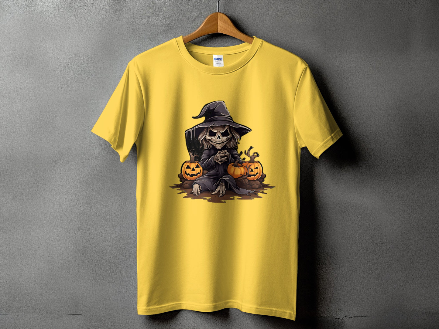 Yellow t-shirt with Grim Reaper illustration and pumpkins.