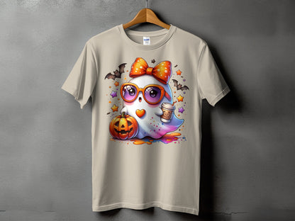 Cute ghost with pumpkin, coffee, and bats on a beige t-shirt.