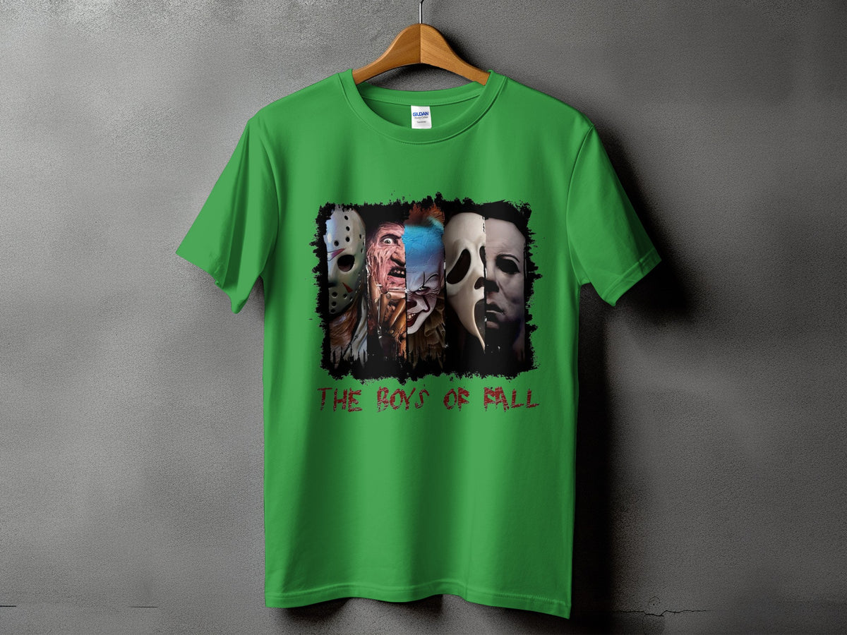 Green t-shirt with horror movie characters and text "The Boys Of Fall".