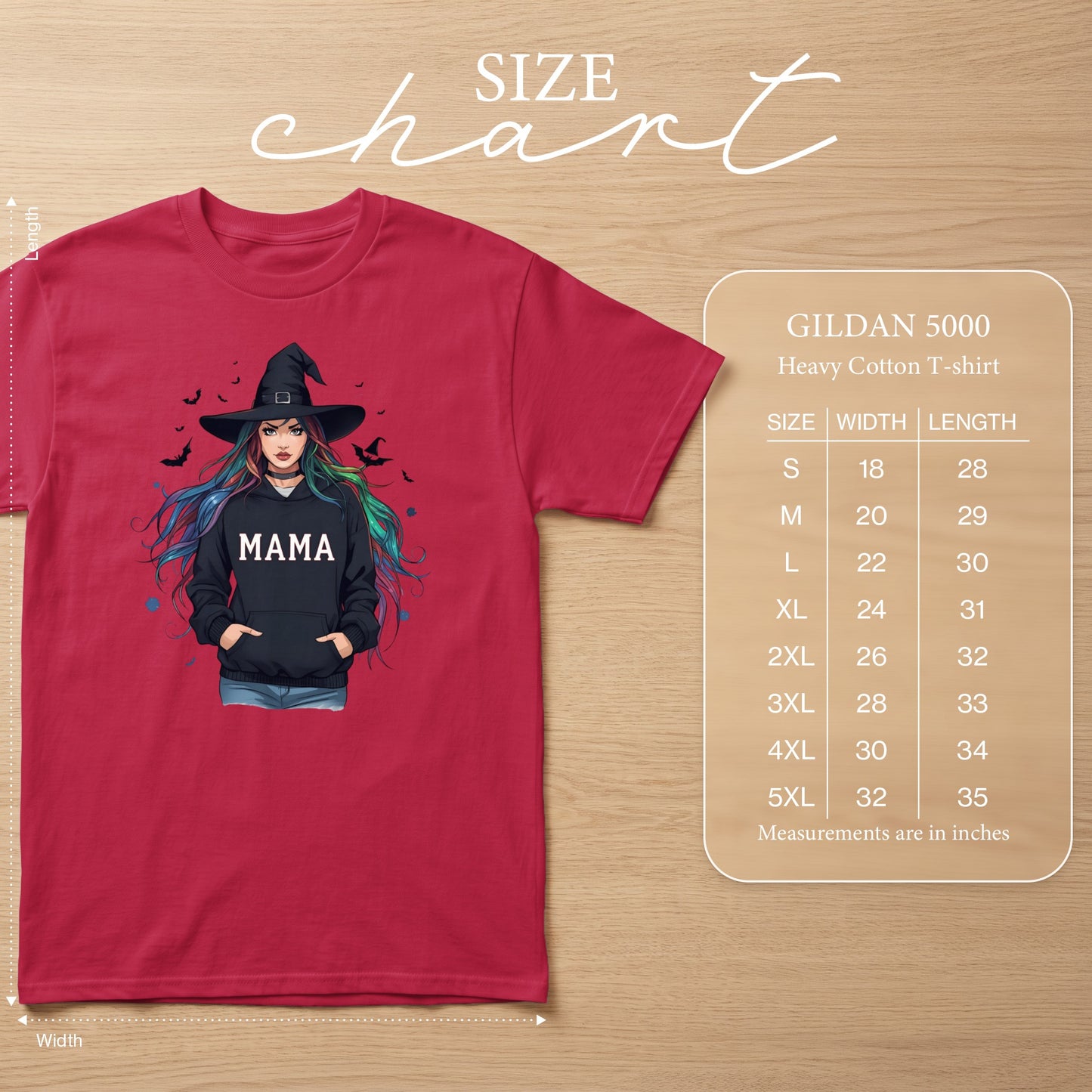 Red t-shirt with witch graphic and "Mama" text, size chart included.