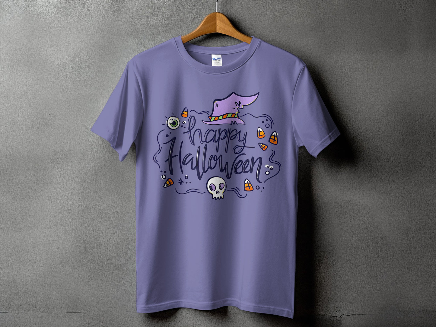 Purple t-shirt with "Happy Halloween" text, witch hat, skull, and candy corn.