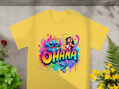 Yellow t-shirt with Stitch and Lilo graphic and "Ohana" text.