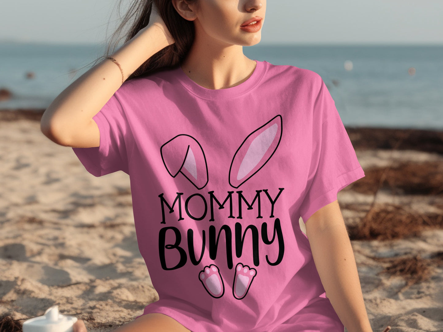 Mommy Bunny Print Pink T-Shirt for Women Apparel