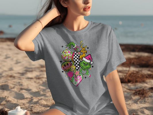 Fun Holiday Grinch Checkerboard Party Graphic T-shirt