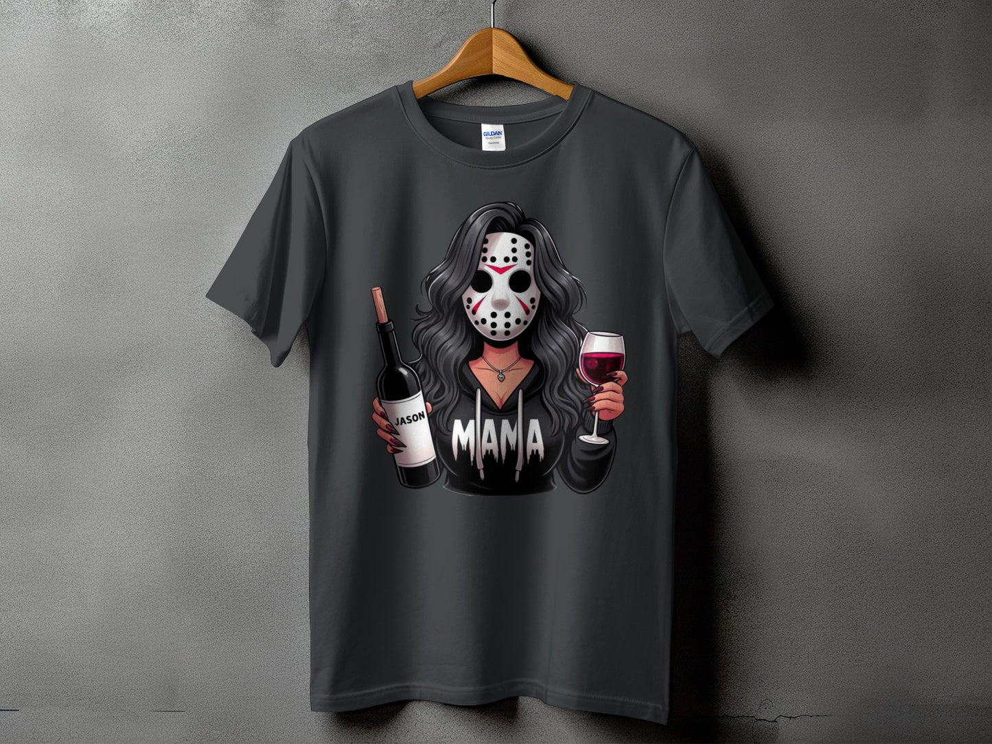Dark t-shirt with graphic of woman in hockey mask holding wine and bottle labeled "Jason."
