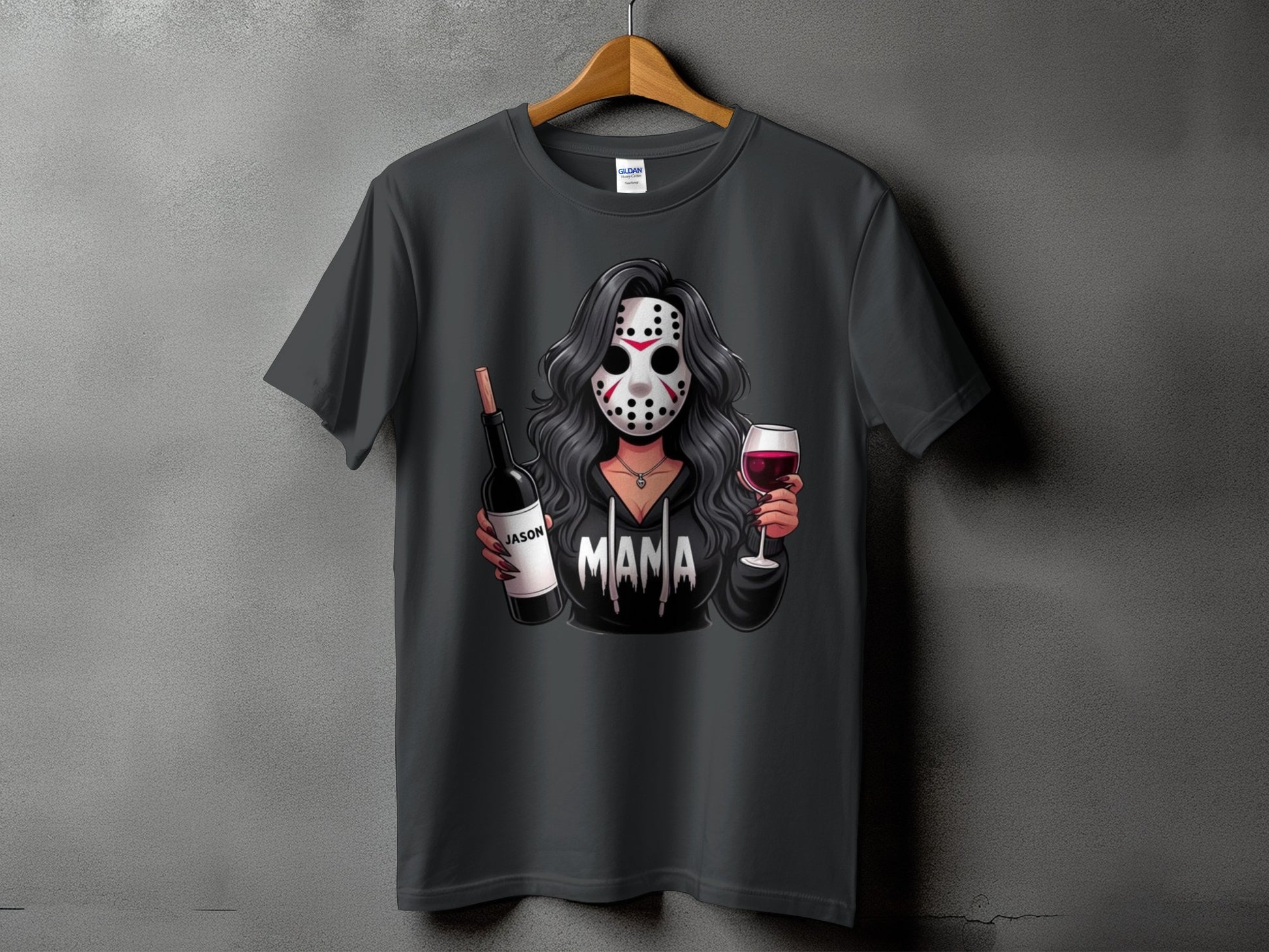 Dark t-shirt with graphic of woman in hockey mask holding wine and bottle labeled "Jason."