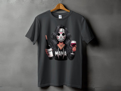 Dark t-shirt with graphic of woman in hockey mask holding wine and bottle labeled "Jason."