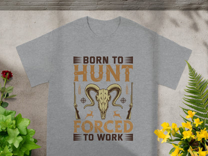 Gray t-shirt with "Born to Hunt Forced to Work" text and ram skull graphic.