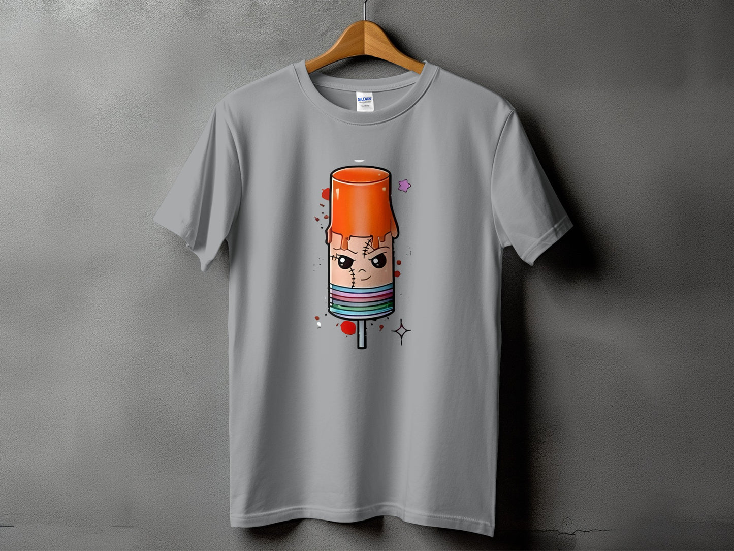 Gray t-shirt with a stitched, cartoon popsicle graphic featuring a face.