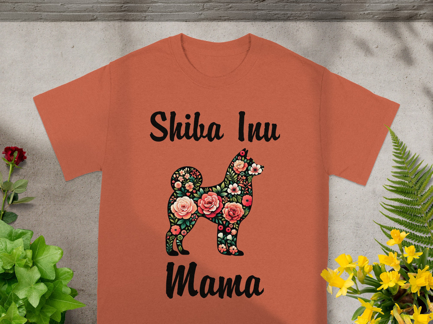 T-shirt with "Shiba Inu Mama" in black text and floral dog silhouette.