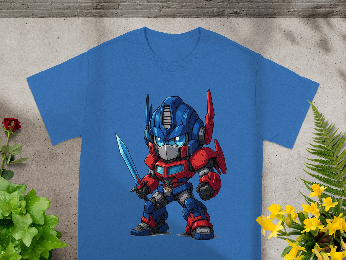 Blue t-shirt with chibi Optimus Prime holding a sword.